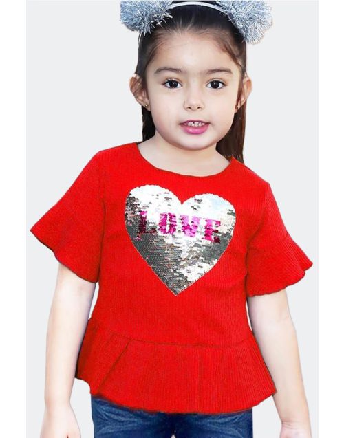 Girl's Rib Knit Fashion Tops  Ruffle Sleeve w/Sequins Heart Reflect  (6 PK) - Avail 3 colors