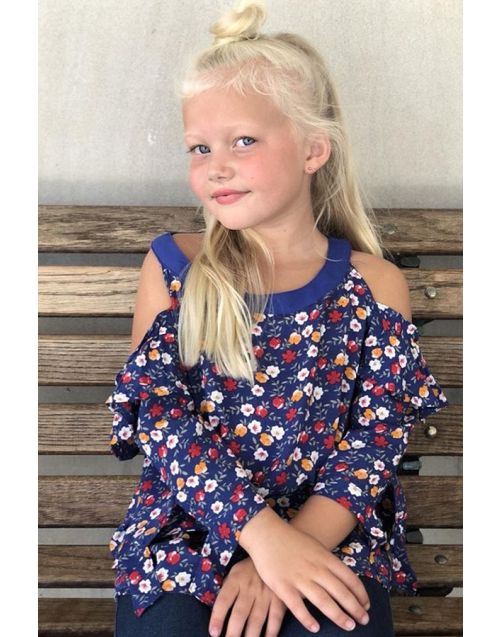 Girl's Cold Shoulder Floral Print Fashion Top w/ Tie-End Sleeves  (6/pk) Avail. 2 colors