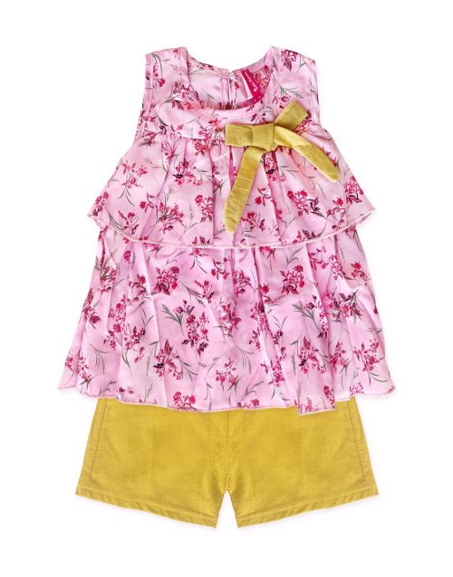 Toddler's two piece ruffle top short set with ribbon and floral print (12/pk) Avail. 1 color