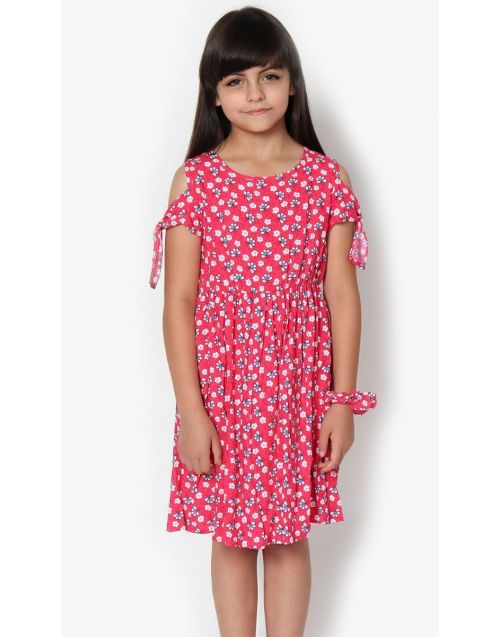 Girl's Summer Dress w/ Small Floral Print and Shoulder Tie & Matching Scrunchie (8/pk) Avail. 1 Color