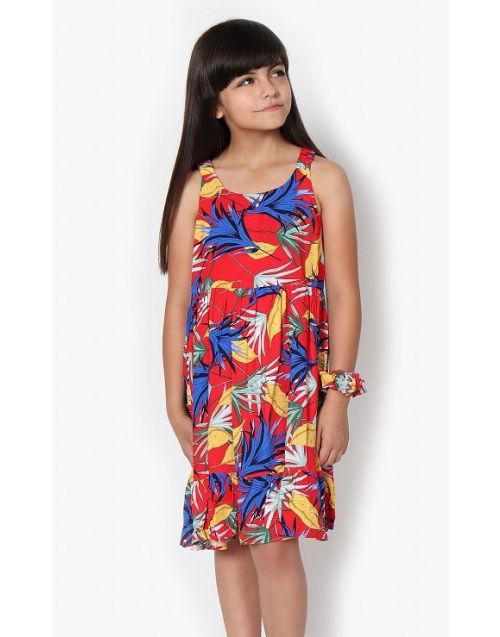 Girl's Summer Dress w/ Large Leaves Print and Elastic Shoulder Strap & Matching Scrunchie (8/pk) Avail. 1 Color