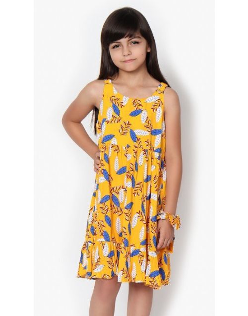 Girl's Summer Dress w/ Leaves Print and Elastic Shoulder Strap & Matching Scrunchie (8/pk) Avail. 1 Color