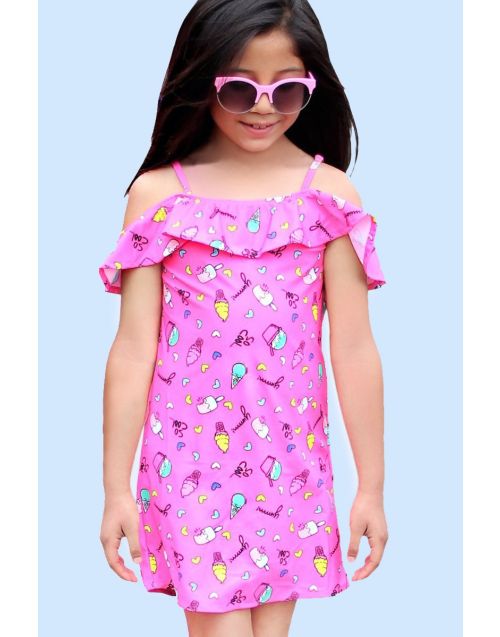 Girl's Swim Cover Dress w/ Off Shoulder & Ice Cream Print (6/pk) Avail 1 color