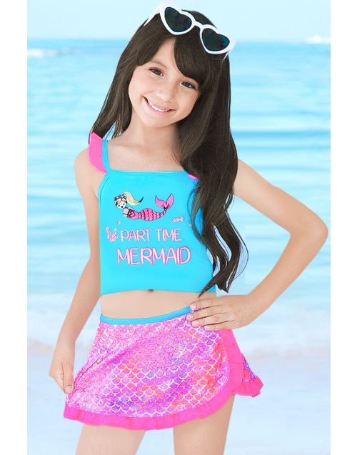 Girl's 3 Pieces Tankini Swimwear Set w/ Skirt & Mermaid Scale Print