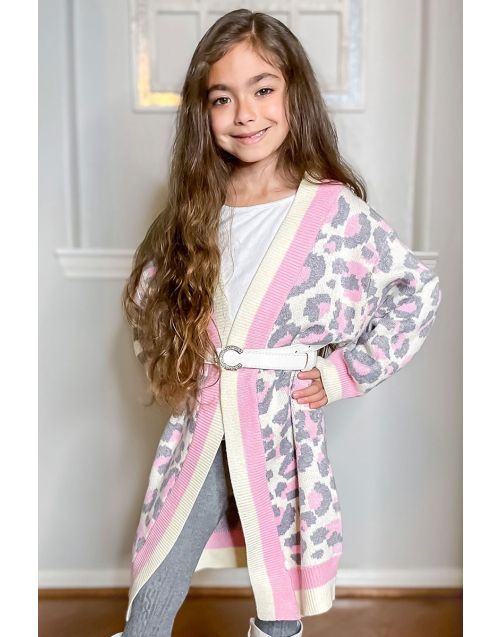 Girl's Soft Brushed Sweater Long Cardigan w/ Leopard Design(8/PK) 2 colors