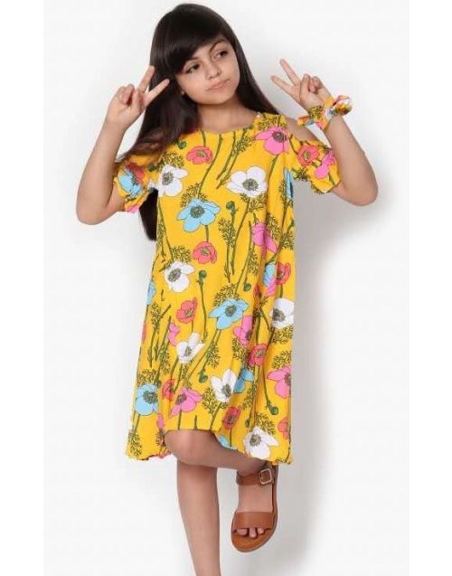 Girl's Summer Dress w/ Full Floral and Cold Shoulder & Matching Scrunchie (8/pk) Avail. 1 Color