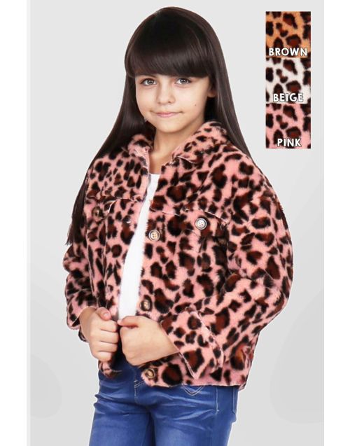 Girl's Soft Faux Fur Leopard Jacket with Chrome Buttons Down (5 pk) Avail. 3 colors