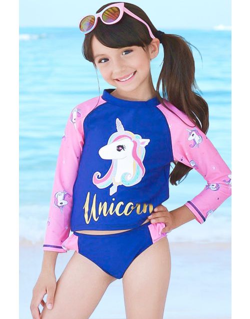 Girl's two piece long sleeve rashguard swimwear w/ large foil unicorn print