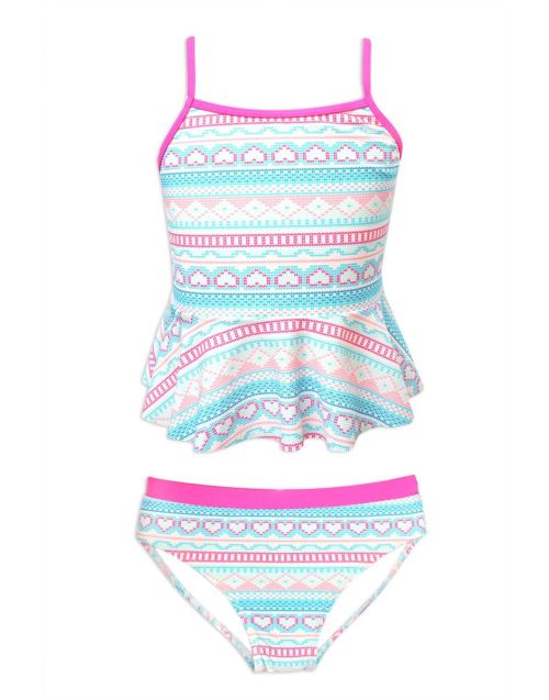 Girl's Two Piece Tankini Swimwear w/ Cross Back, Peplum Detail, & Heart Print (6/pk) Avail 1 color