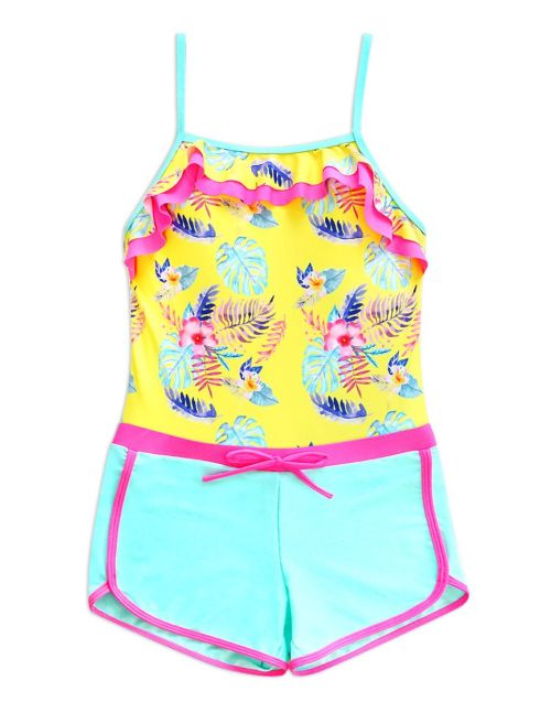 Girl's One Piece Short Set Swimwear w/ Dolphin Short & Hawaiian Print (6/pk) Avail 1 color