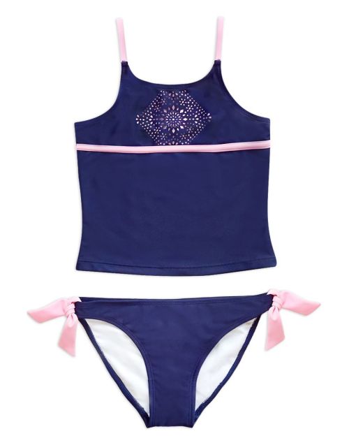 Girl's Two Piece Tankini Swimwear w/ Lasercut Detail & Side Tie Bow (6/pk) Avail 1 color