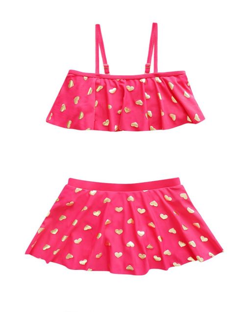 Toddler's Two Piece Swimwear w/ Ruffle Detail & Skirt & Gold Heart Foil Print (6/pk) Avail 1 color