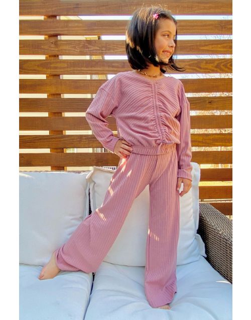 Girl's Stretchable Ribbed 2 piece set /w gathering top & flare pant