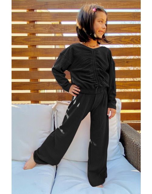 Girl's Stretchable Ribbed 2 piece set /w gathering top & flare pant