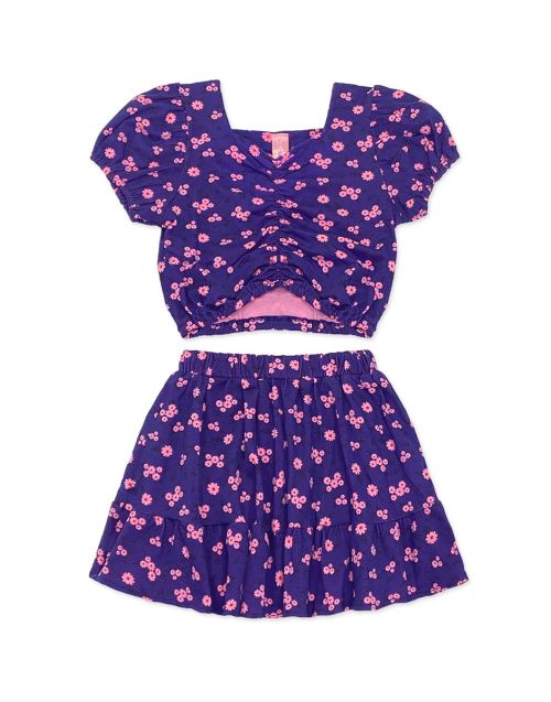 Girl's 2 Piece Floral Skirt Set W/ Middle Ruched Top (12/pk)