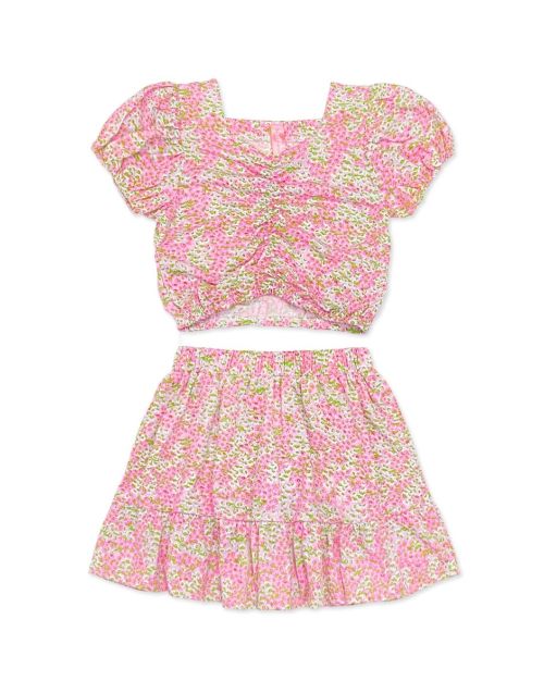 Girl's  2 Piece Floral Skirt Set W/ Middle Ruched Top (12/pk)