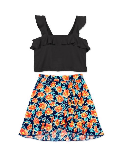 Toddler's 2 pcs Skirt Set W/ Tank Cross Ruffle & Floral Skirt (10/pk)
