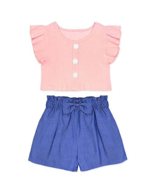 Toddler's 2 pc Denim Chambray Short Set W/ Soft Ribbed Ruffle Sleeve Top & Floral Crochet Front (10/pk)