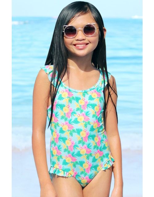 Girl's One Piece Swimwear w/ Ruffle Detail & Green Tropical Flower Print  (6/pk) Avail 1 color