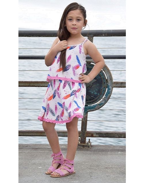 Girl's Dress Feather Design With Double Layers & Beautiful Crochet Trim (12/pk)  Avail. 2 colors