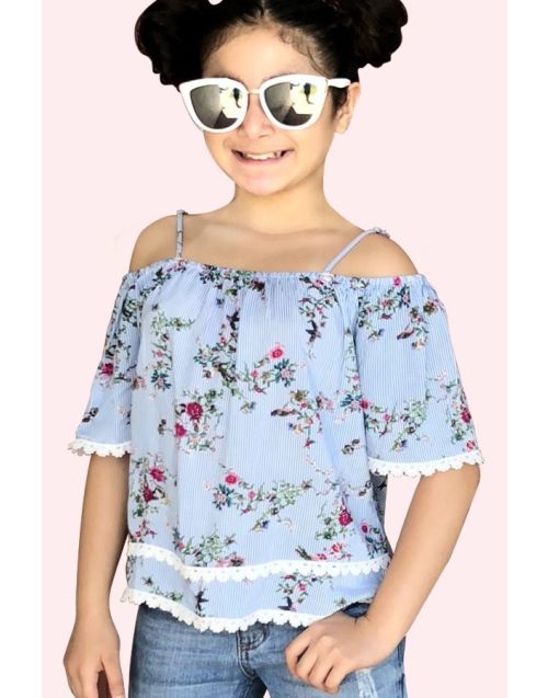 Girl's Overlay Off-Shoulder Fashion Top w/ Crochet & Floral Stripe Print  (12PK) - Avail 2 colors