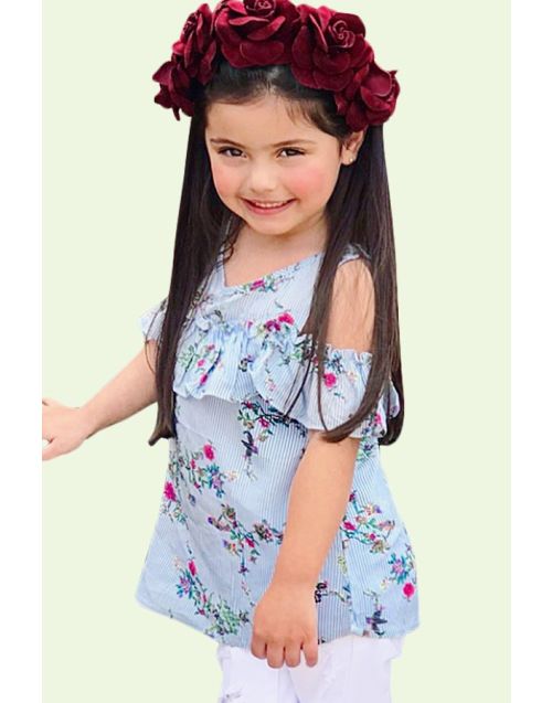 Girl's Cold Shoulder Fashion Top w/ Overlay Ruffles & Stripe Floral Print   (6PK) - Avail 3 colors