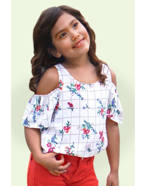 Girl's Cold Shoulder Fashion Top w/ Ruffle Sleeves & Plaid Floral Print (6PK) - Avail 3 colors