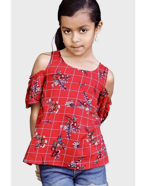 Toddler's Cold Shoulder Fashion Top w/ Ruffle Sleeves & Plaid Floral Print (6PK) - Avail 3 colors