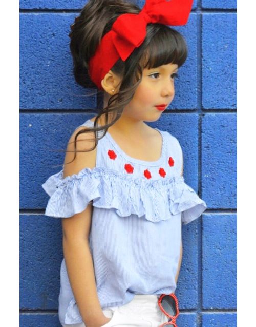 Toddler's Cold Shoulder Fashion Top w/ Stripes & Embroidery (6PK) - Avail 1 color