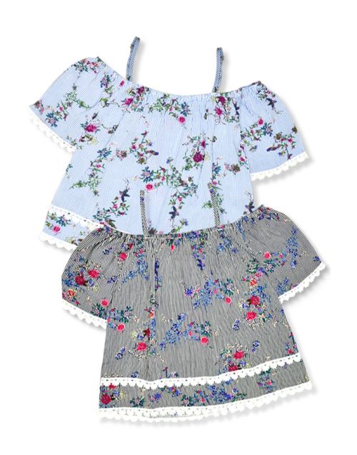 Toddler's Overlay Off-Shoulder Fashion Top w/ Crochet & Floral Stripe Print  (12PK) - Avail 2 colors 
