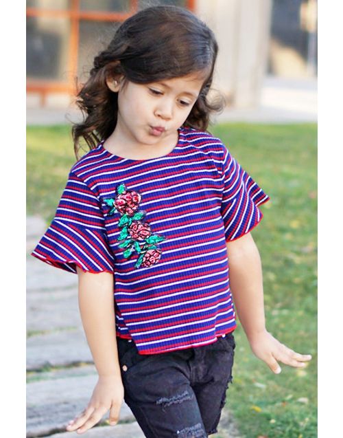 Girl's Stripes Knit Fashion Tops   Ruffle Sleeve w/Sequins Rose Reflect  ( 6 PK) - Avail 3 colors