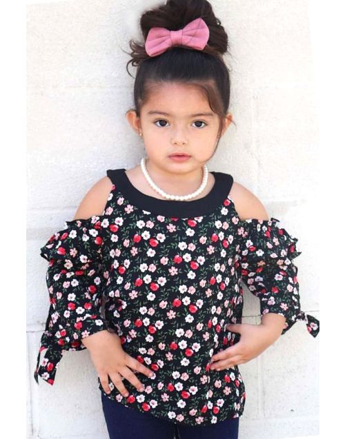Toddler's Cold Shoulder Floral Print Fashion Top w/ Tie-End Sleeves (6/pk) Avail. 2 colors