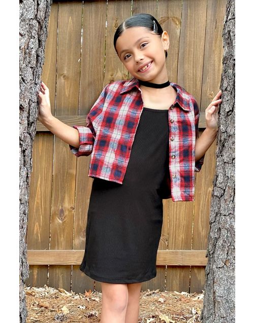 Girl's 2pc Button up Flannel & Ribbed Dress (6/pk)