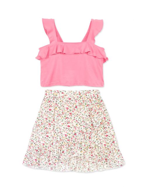 Girl's 2 pcs Skirt Set W/ Tank Cross Ruffle & Floral Skirt  (12/pk)