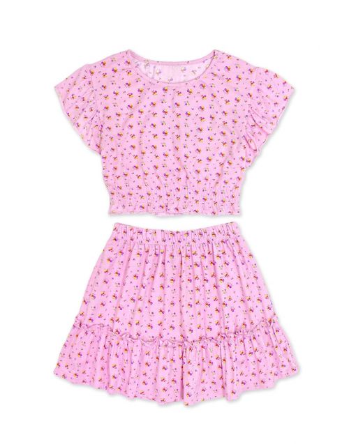 Girl's 2 pc Floral Skirt Set W/ Ruffle Sleeve (12/pk)