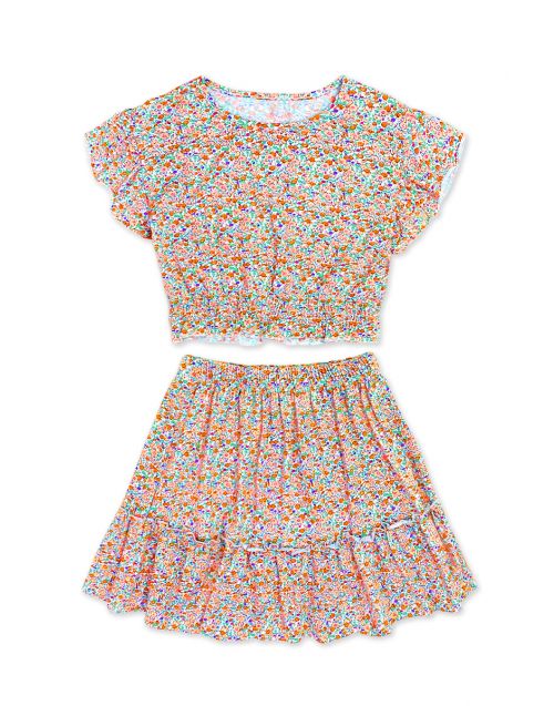 Girl's 2 pc Floral Skirt Set W/ Ruffle Sleeve (12/pk)