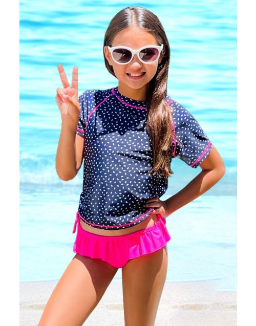 Girl's Three Pieces Short Sleeve Rashguard Set Swimwear w/ Navy/ White Dot Print (6/pk) Avail 1 color