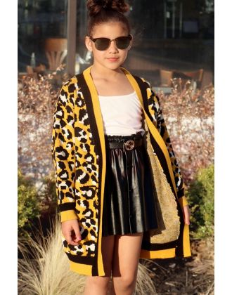 Girl's Soft Brushed Sweater Long Cardigan w/ Leopard Design( 8/PK) 