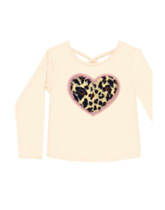 Girl's Softie Knit L/S Tee Tapping w/ Pink Rhinestone & Fur Leopard Heart Patch (12/pk)
