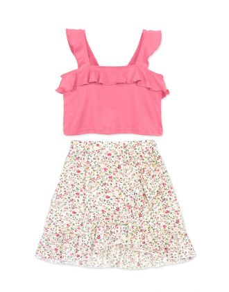 Toddler's 2 pcs Skirt Set W/ Tank Cross Ruffle & Floral Skirt (10/pk)