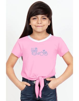 Girl's Softie Knit V-Neck Tee w/Front Tie W/ Blue Owl & Pinky Promise Rhinestones(12/pk) Avail. 3 colors