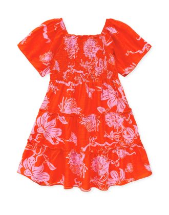 Girl's Crepe Floral Flare Dress W/ Smocking  & 3-Tiers Ruffle