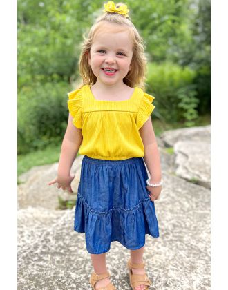 Toddler's 2 pc Denim Chambray Skirt & Ruffled Top Set