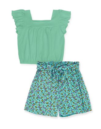 Girl's 2 pc Floral Short Set W/ Bow Tie Front & Ruffle Top