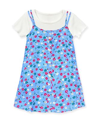 Girl's 2 pc Floral Dress Set W/ Button Detail & Ribbed Top
