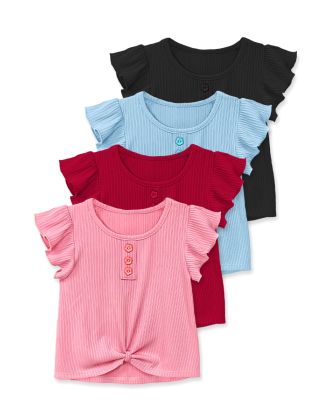 Girl's Ribbed Fashion Top W/ Knot Front & Ruffle Sleeve